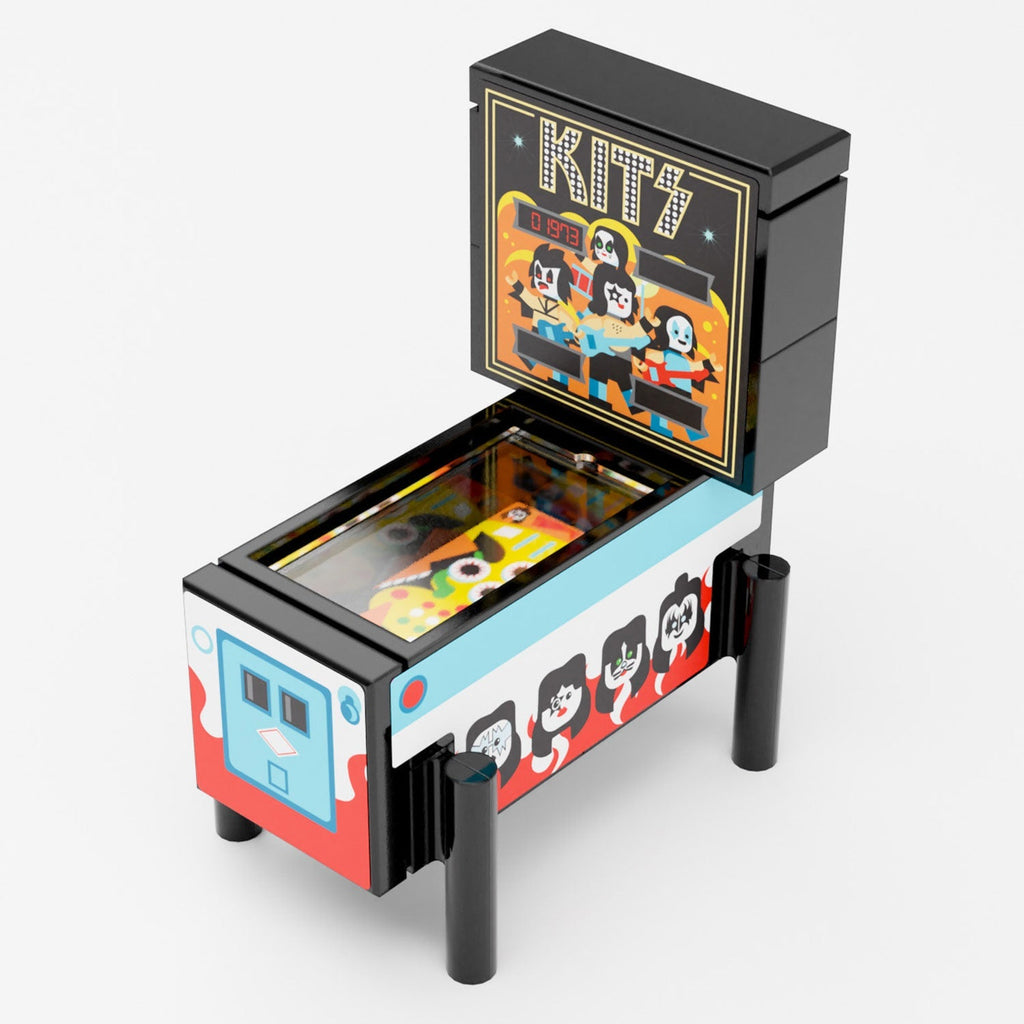 Miniature pinball machine model featuring custom decals and vibrant colors, part of the KITS - B3 Customs Pinball Arcade Machine Building Set made using LEGO parts by B3 Customs.