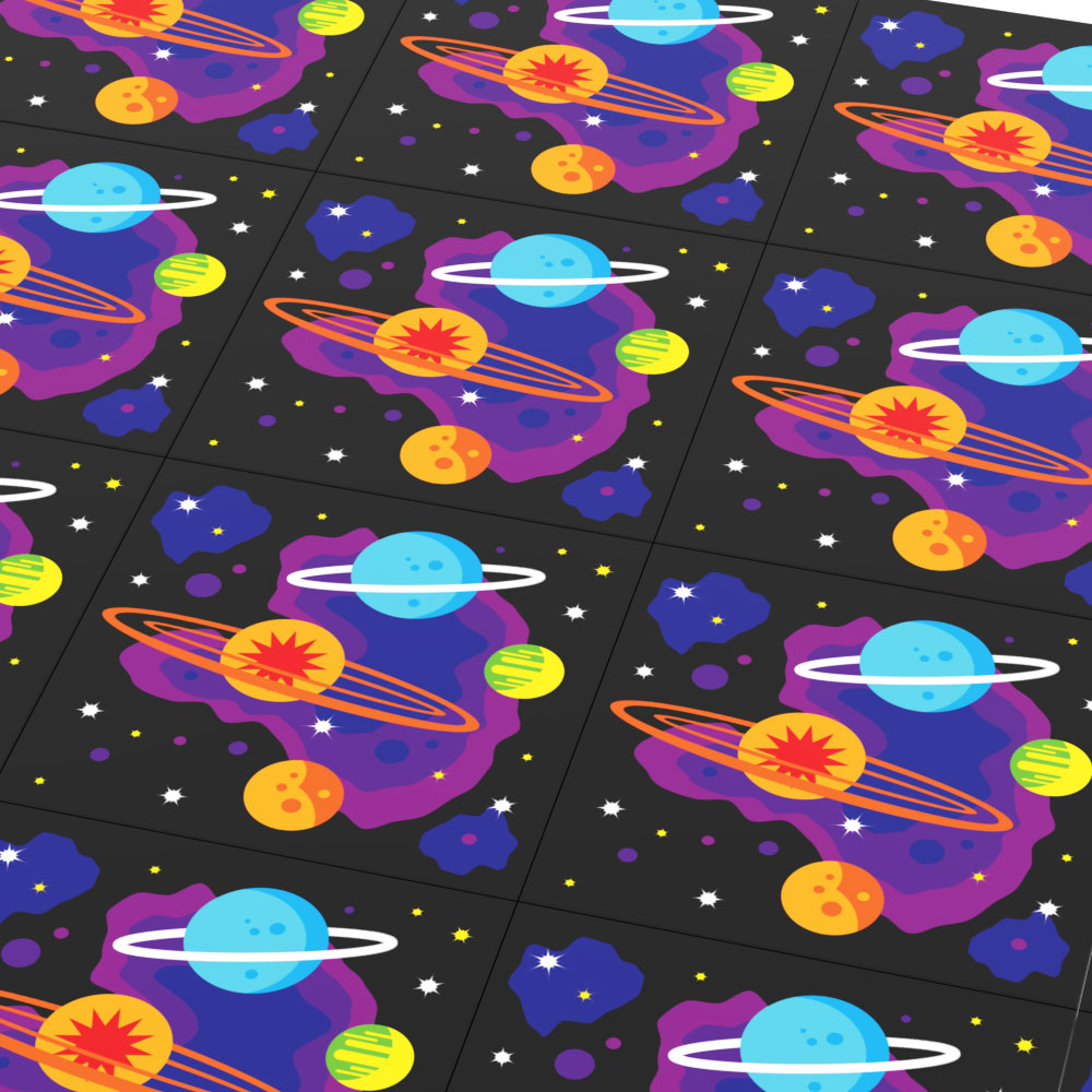 80's and 90's Arcade Carpet 6x6 Tiles (Planets) made with LEGO parts - Pack of 10 featuring colorful planet designs with rings and stars on a black background, perfect for custom lego printing.