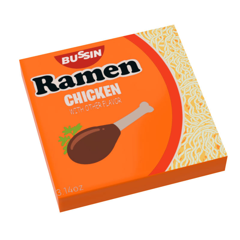 Bright orange LEGO tile designed to resemble a chicken ramen noodle package, featuring detailed printing by B3 Customs titled Ramen Noodles (2x2 Tile) made using LEGO parts - B3 Customs.