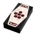 Red 6 Sabacc Card Custom Printed 1x2 Tile made using LEGO part - B3 Customs featuring a detailed, custom-printed design in deep red on a white tile atop a black base for unique custom LEGO brick mocs.