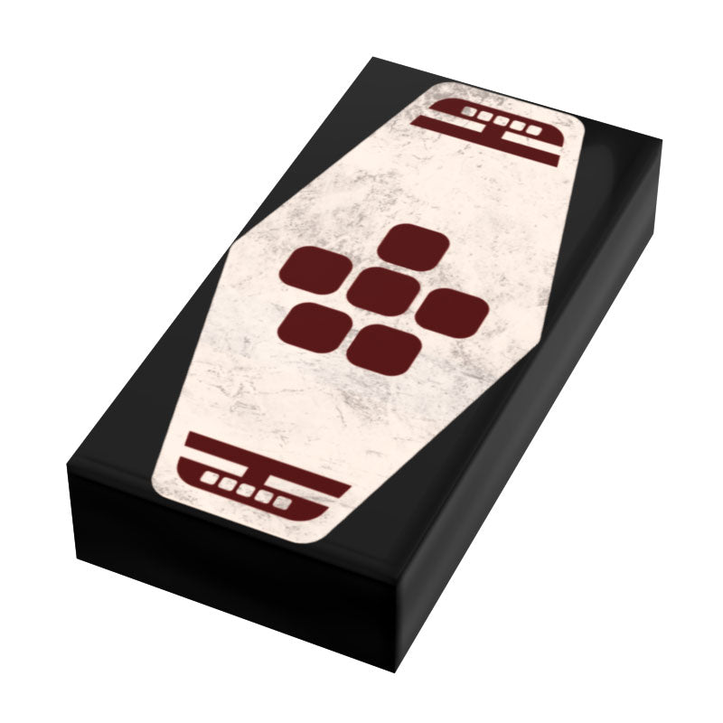 Red 6 Sabacc Card Custom Printed 1x2 Tile made using LEGO part - B3 Customs featuring a detailed, custom-printed design in deep red on a white tile atop a black base for unique custom LEGO brick mocs.