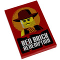 Red Brick Redemption Video Game Cover (2x3 Tile) made using LEGO parts - B3 Customs features a custom LEGO print of a rugged outlaw with a wide-brimmed hat on a bold red background.