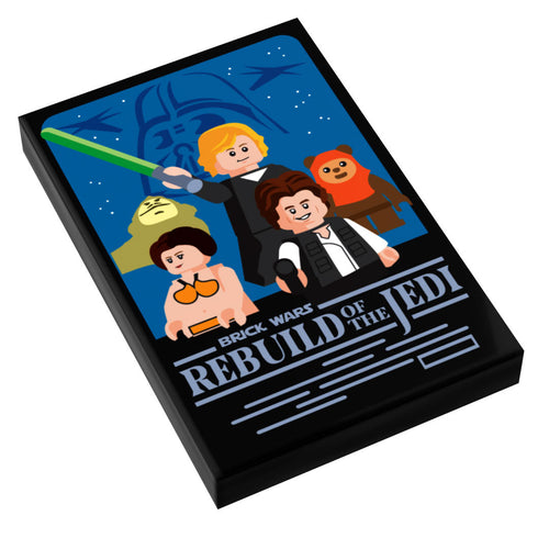 Brick Wars: Rebuild of the Jedi Movie Tile Cover (2x3 Tile) - B3 Customs featuring custom lego printed tile with iconic Star Wars character icons including Luke Skywalker, Princess Leia, Han Solo, Yoda, and an Ewok against a starry blue background.