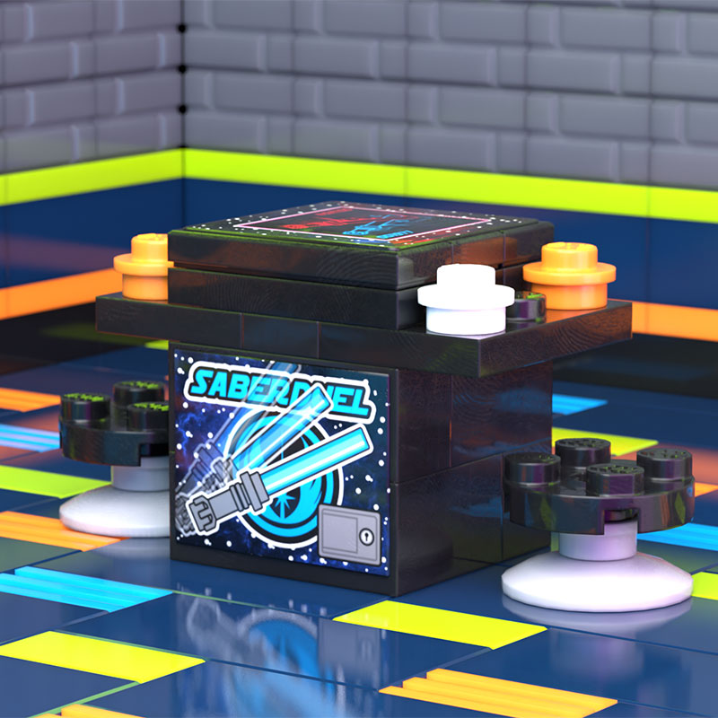Saber Duel 2-Player Classic Arcade made using LEGO parts - B3 Customs features a custom LEGO cocktail arcade machine with colorful controls and a retro sci-fi design by B3 Customs.
