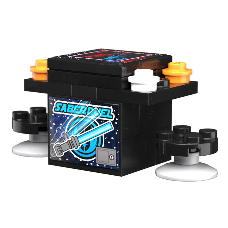Saber Duel 2-Player Classic Arcade made using LEGO parts - B3 Customs features a compact LEGO arcade game with joystick controls and custom printed tiles by B3 Customs.