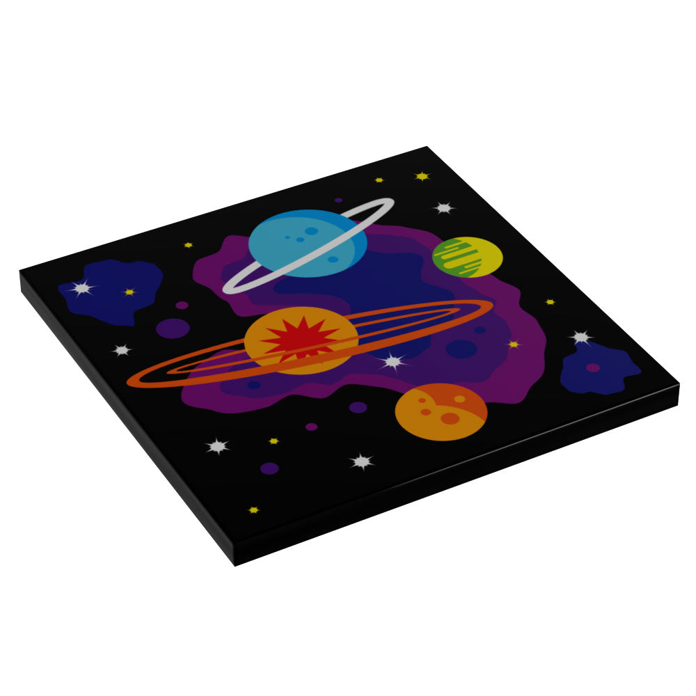 Space-themed 80's and 90's Arcade Carpet 6x6 Tiles (Planets) made with LEGO parts - Pack of 10 featuring colorful planets, rings, and stars on a black background.