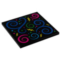 Retro 80's and 90's Arcade Carpet (Swirls) - Custom Printed 6x6 Tile for LEGO MOCs by B3 Customs featuring vibrant colorful swirls and lightning bolt designs on a black background.