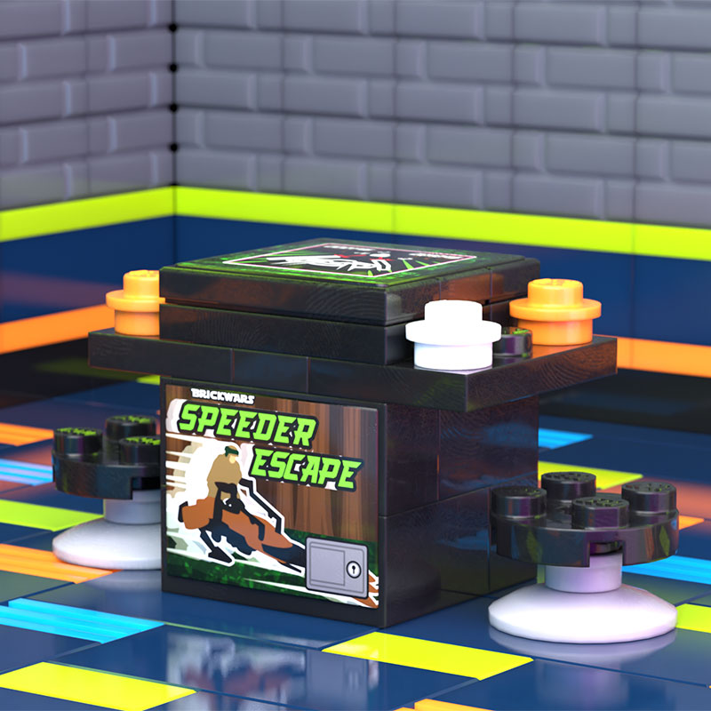 Speeder Escape 2-Player Classic Arcade made using LEGO parts - B3 Customs features a custom cocktail-style arcade machine with vibrant colors and detailed brick mocs.