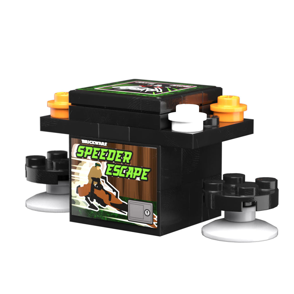 Speeder Escape 2-Player Classic Arcade made using LEGO parts - B3 Customs features a custom black cocktail arcade machine with vibrant game artwork, designed for LEGO minifigures to play together.