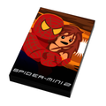 Spider-Mini 2 Movie Cover (2x3 Tile) made using LEGO parts featuring a stylized Spider-Man figure with webbed costume and a female character set against a vibrant orange and brown background.