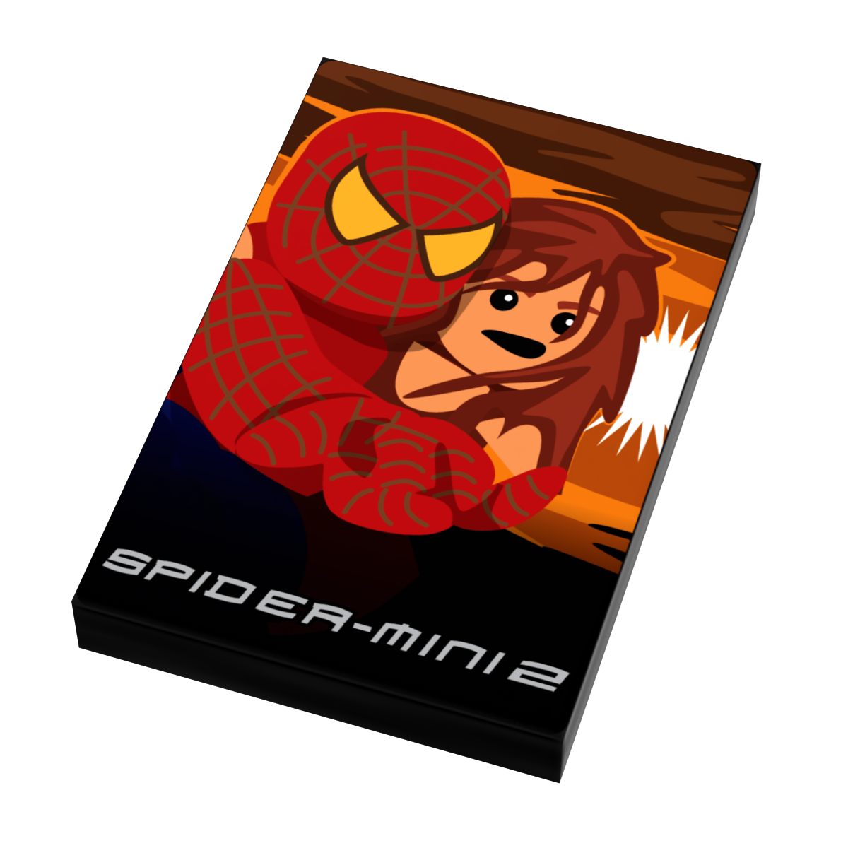 Spider-Mini 2 Movie Cover (2x3 Tile) made using LEGO parts featuring a stylized Spider-Man figure with webbed costume and a female character set against a vibrant orange and brown background.