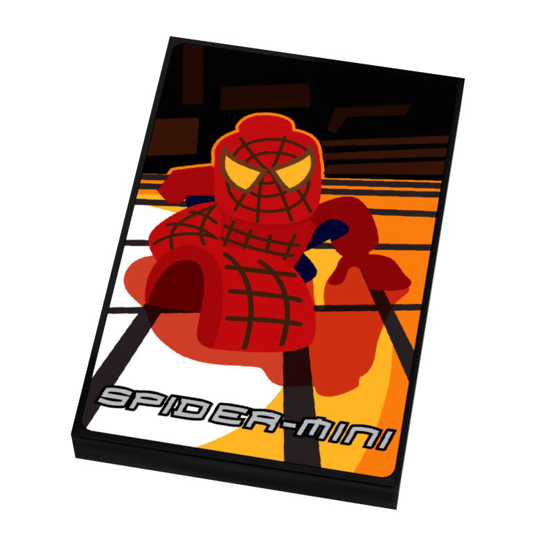 Stylized Spider-Man minifigure illustration in red and black on an orange and black background, featured on a Spider-Mini Movie Cover (2x3 Tile) showcasing custom printed tile design.