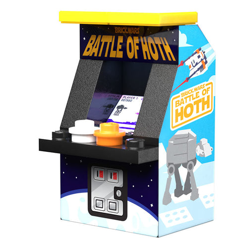 Battle of Hoth Classic Arcade Machine replica by B3 Customs, featuring detailed custom decals and controls designed for LEGO minifigures in a retro galactic arcade style.