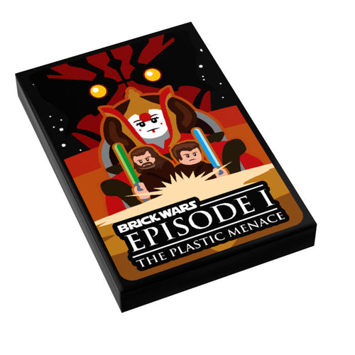 Brick Wars: The Plastic Menace (EP. 1) Movie Tile Cover (2x3 Tile) by B3 Customs featuring custom Lego-style characters wielding lightsabers against a dark, dramatic background.