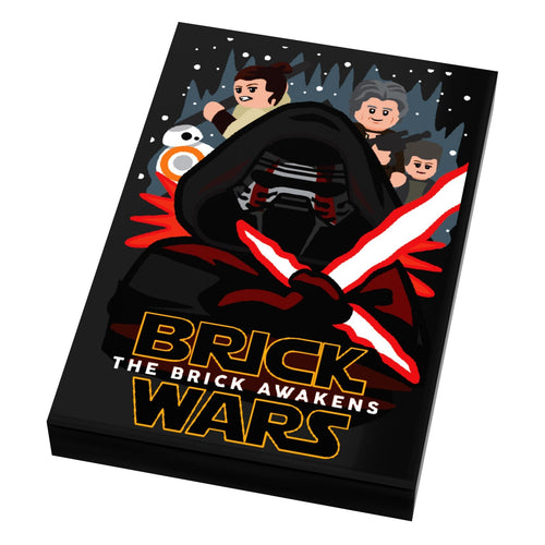 Illustrated cover featuring custom Lego-style characters inspired by a popular space saga, including a hooded figure with a red crossguard lightsaber and supporting figures, on the Brick Wars: Brick Awakens (EP. 7) Movie Tile Cover (2x3 Tile).