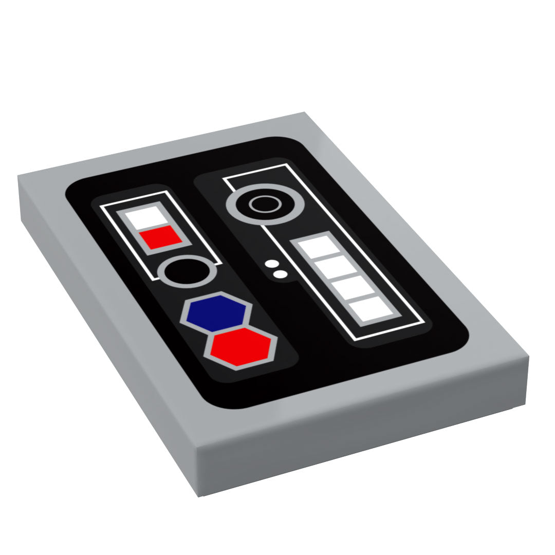 Control Panel #3 for Star Wars/Space (2x3 Tile) - B3 Customs using LEGO parts featuring detailed custom printed designs resembling sci-fi control interfaces in black, red, blue, and white colors.