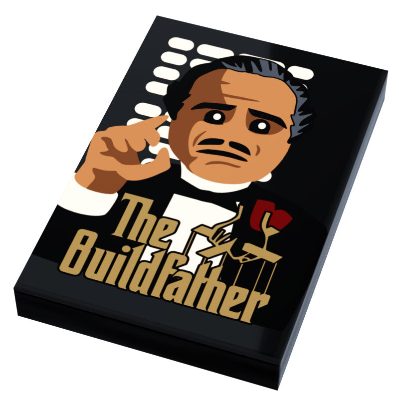 BuildFather Movie Cover (2x3 Tile) featuring a custom-designed minifigure graphic inspired by classic mafia films, crafted by B3 Customs with detailed custom printing.