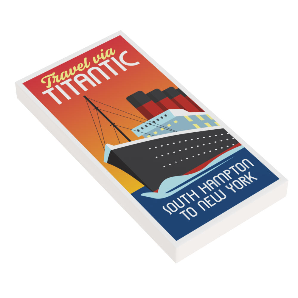 Titanic Travel Promo Poster (2x4 Tile) - B3 Customs featuring a stylized vintage illustration of the Titanic ship with text "Travel via Titanic" and route "South Hampton to New York" in bold colors.