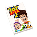 Toy Saga 2 Movie Cover (2x3 Tile) featuring playful custom Lego characters resembling a cowboy and an astronaut with a bright logo on a white tile, ideal for brick MOCs.