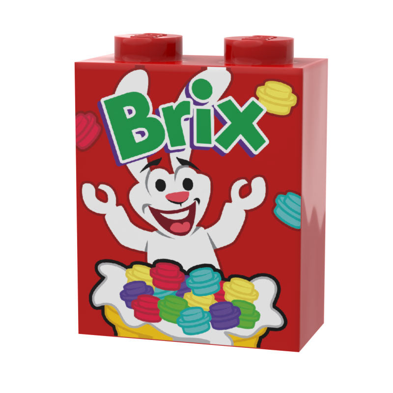 Red LEGO brick featuring custom printed Brix Cereal design with a happy cartoon bunny and colorful cereal pieces, Brix Cereal - Custom Printed 1x2x2 Brick on LEGO part by B3 Customs.