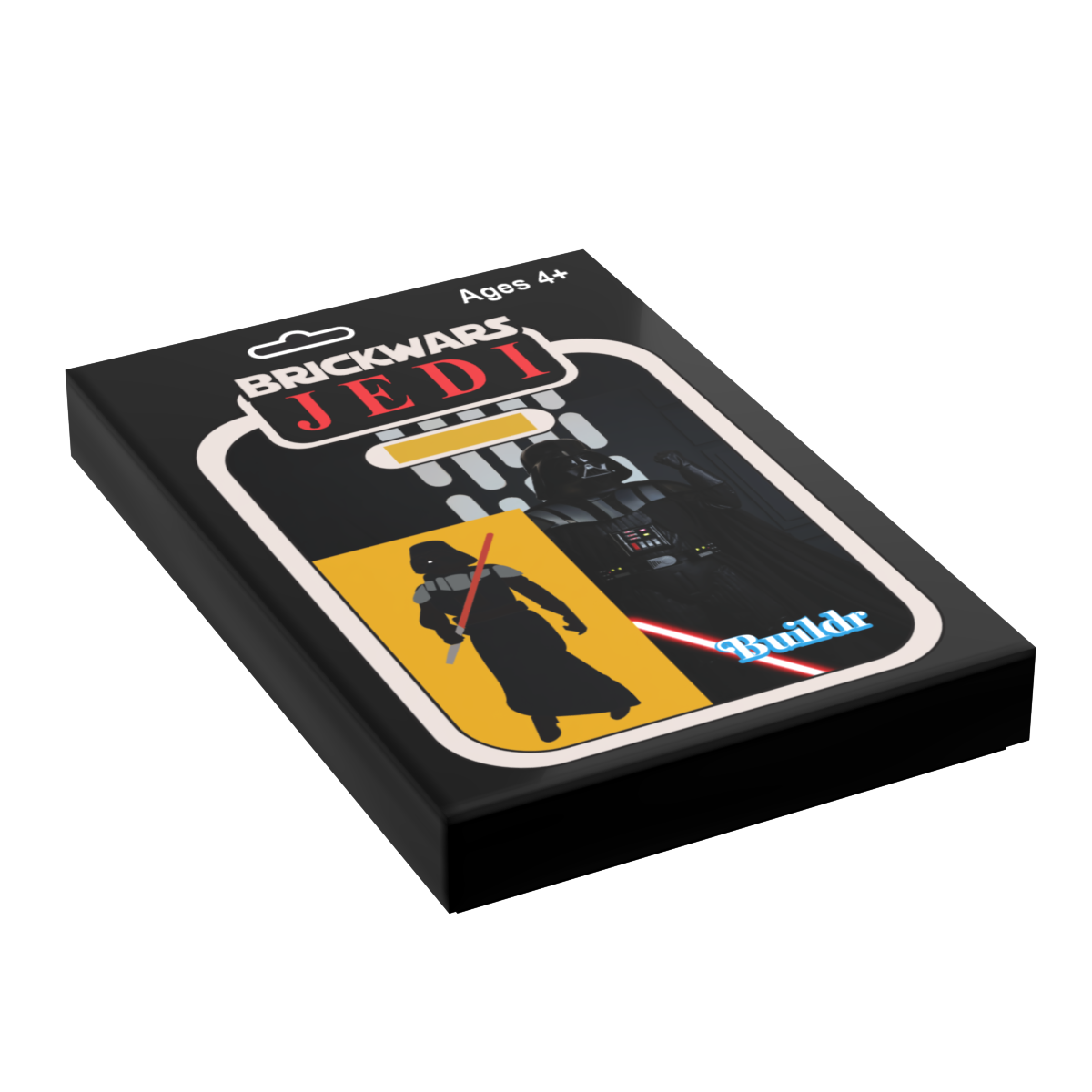 Packaging for the Vader Vintage Action Figure Tile (2x3) by B3 Customs, featuring a custom LEGO-inspired dark figure design with red lightsaber graphic.