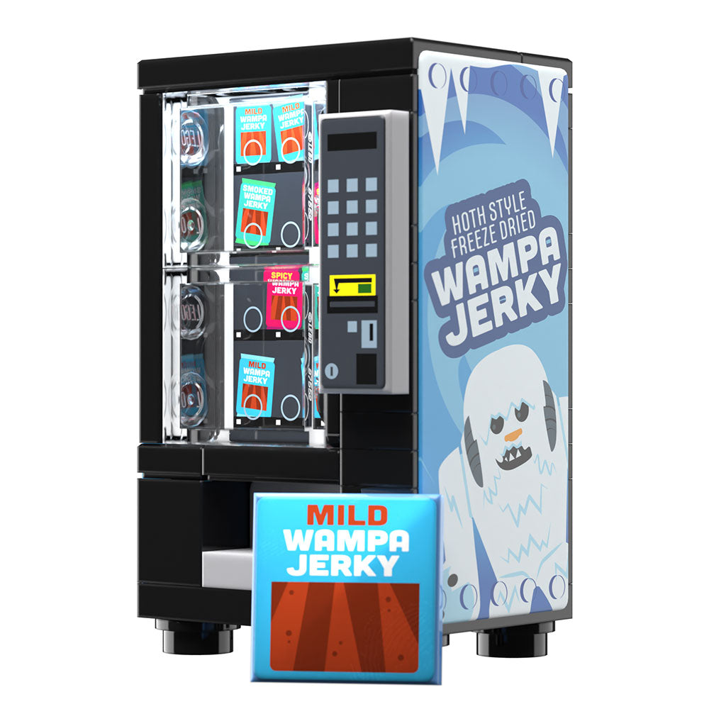 A custom LEGO vending machine model featuring illustrated packaging for Hoth style freeze-dried Wampa Jerky, created by B3 Customs as the Wampa Beef Jerky Minifig Vending Machine Building Set made using LEGO parts - B3 Customs.