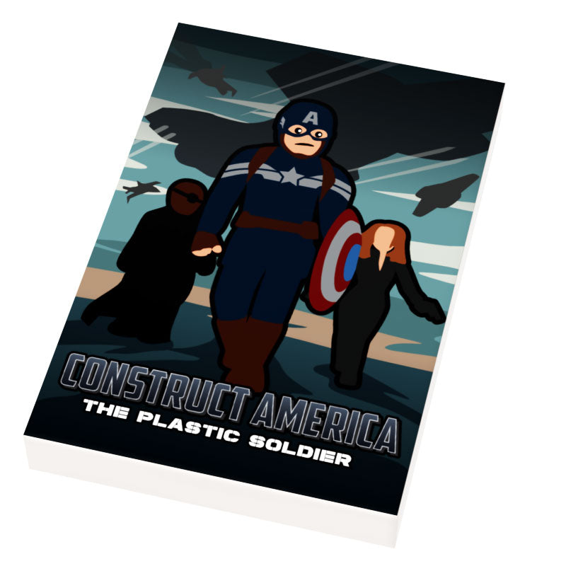 Construct America: Plastic Soldier Movie Cover (2x3 Tile) featuring a custom minifigure styled like a plastic soldier with a shield, set against a dramatic sky with silhouetted figures.
