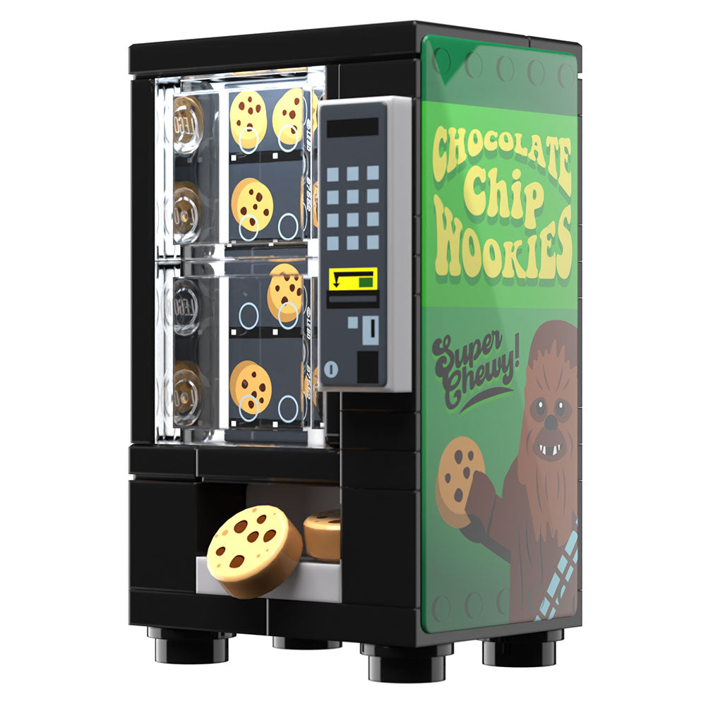 Detailed view of a custom LEGO vending machine featuring Chocolate Chip Wookie Cookies with a Chewbacca-inspired design, part of the Chocolate Chip Wookie Cookies Building Set made using LEGO parts - B3 Customs.