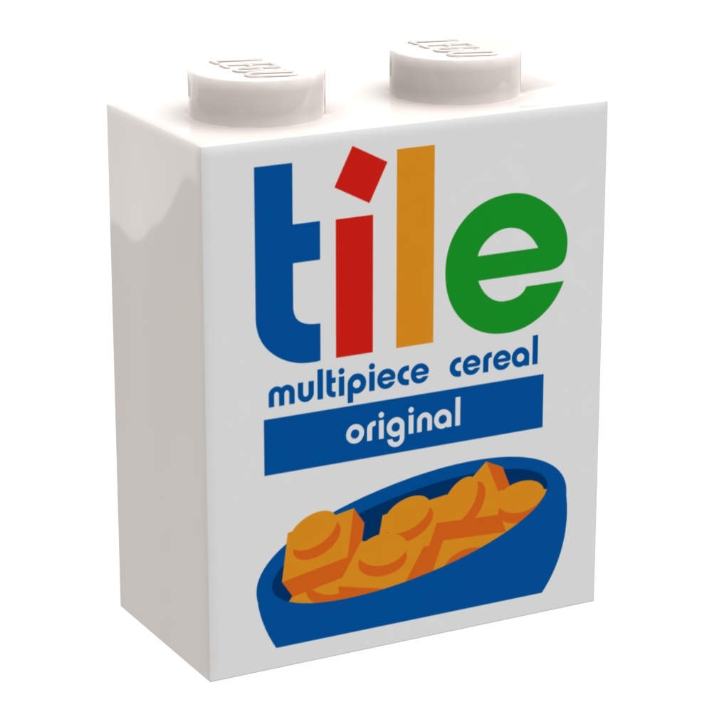 A custom printed white LEGO brick featuring colorful text and a bowl of cereal, designed as Tile Minifig Cereal (1 x 2 x 2 Brick) made using LEGO part by B3 Customs.