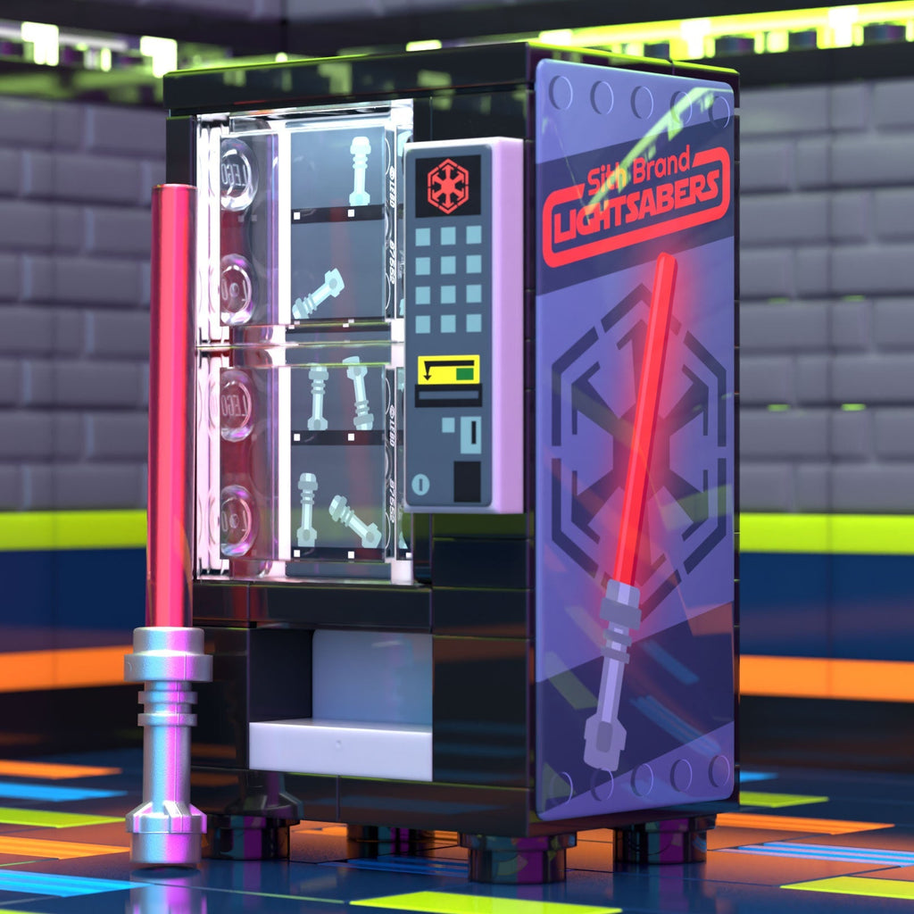Sith Sabers Vending Machine Building Set made using LEGO parts - B3 Customs features a custom LEGO vending machine with a red Sith lightsaber and branded sci-fi design, perfect for collectors and brick mocs fans.