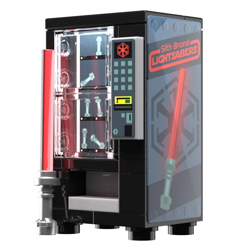 Sith Sabers Vending Machine Building Set made using LEGO parts - B3 Customs features a custom LEGO vending machine with detailed lightsaber designs and a red lightsaber display, crafted by B3 Customs.