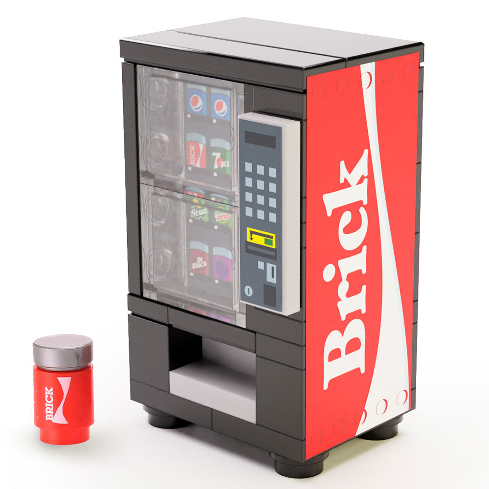 A detailed Brick - B3 Customs Soda Vending Machine made using LEGO parts with a red side panel and custom printed soda can part, showcasing custom lego printing by B3 Customs.