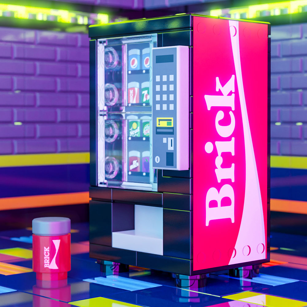 A detailed LEGO vending machine model in red and black with custom printed soda cans and a matching cup, designed by B3 Customs as the Brick - B3 Customs Soda Vending Machine made using LEGO parts.