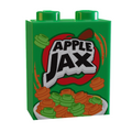 Green custom LEGO brick featuring a printed design of Apple Jax cereal with a bowl of orange and green cereal pieces by B3 Customs, Apple Jax Cereal 1x2x2 Brick on LEGO part.