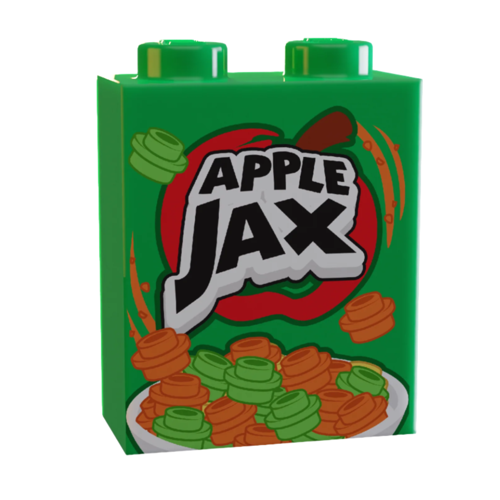 Green custom LEGO brick featuring a printed design of Apple Jax cereal with a bowl of orange and green cereal pieces by B3 Customs, Apple Jax Cereal 1x2x2 Brick on LEGO part.