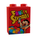Red custom LEGO brick featuring colorful Fruity Studdles Cereal 1x2x2 Brick on LEGO part design by B3 Customs, inspired by classic cartoon cereal themes.