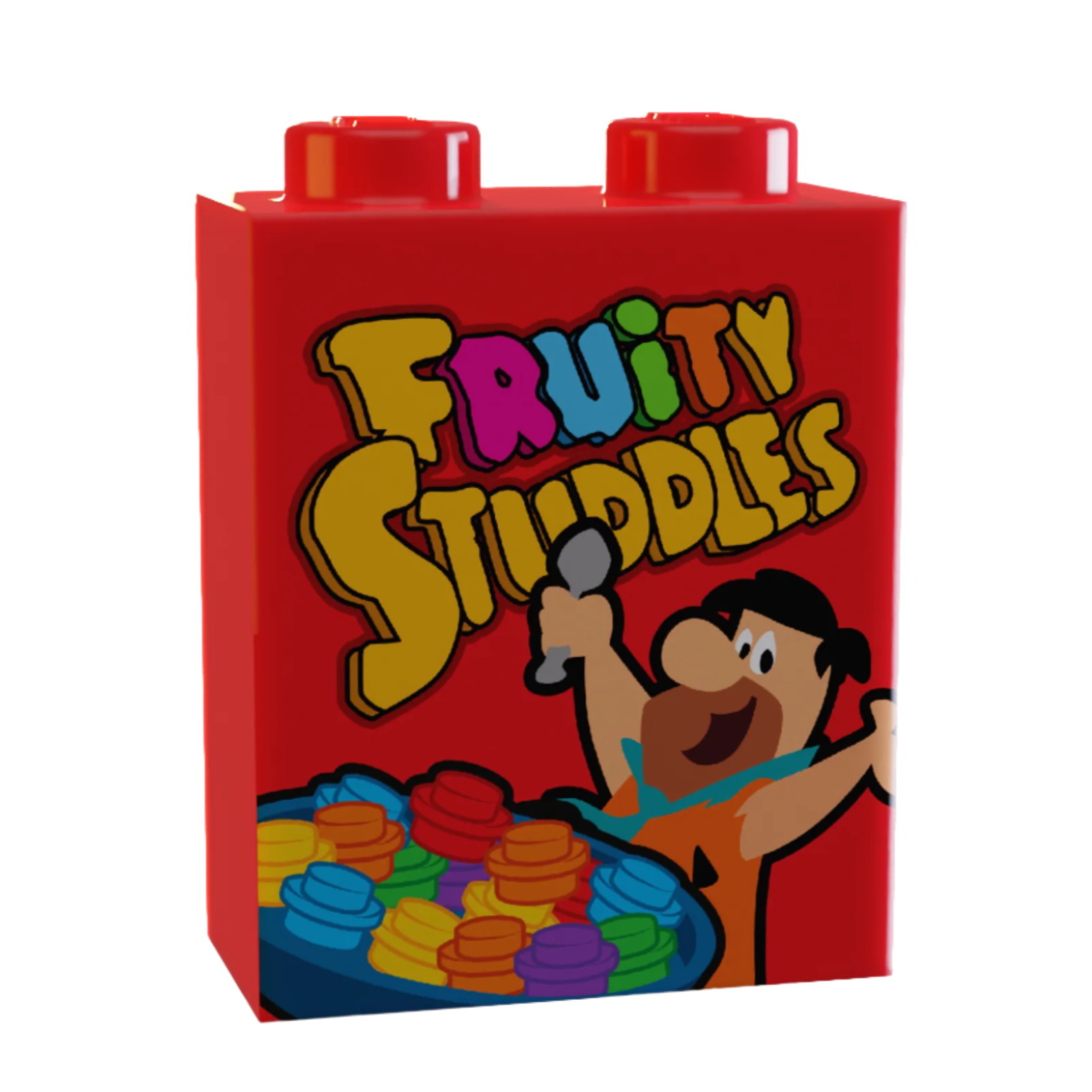 Red custom LEGO brick featuring colorful Fruity Studdles Cereal 1x2x2 Brick on LEGO part design by B3 Customs, inspired by classic cartoon cereal themes.