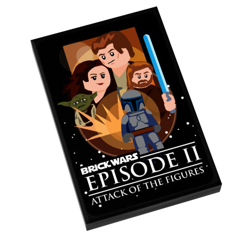 Illustration of custom minifigure faces including a Jedi, a warrior with lightsaber, a green alien, and a helmeted figure, featured on Brick Wars: Attack of the Figures (EP. 2) Movie Tile Cover (2x3 Tile).