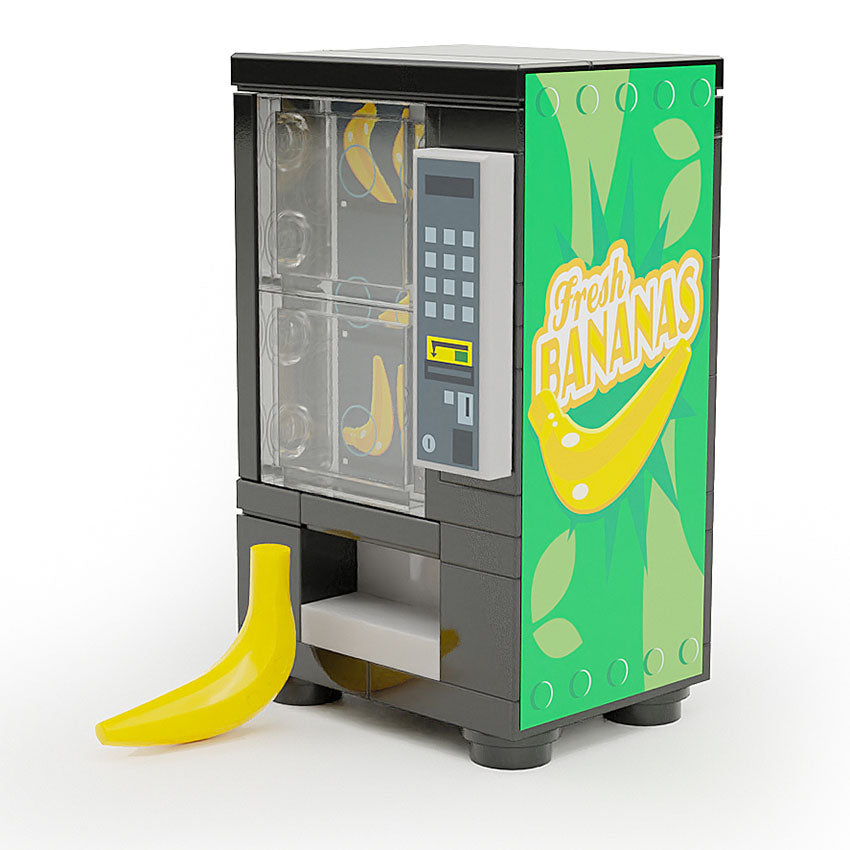 Fresh Bananas - B3 Customs Fruit Vending Machine made using LEGO parts, a detailed custom LEGO vending machine featuring a banana dispenser and vibrant green branding by B3 Customs.