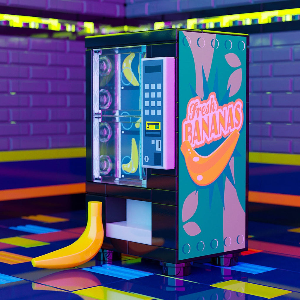 Fresh Bananas - B3 Customs Fruit Vending Machine made using LEGO parts, featuring a colorful banana-themed design and detailed coin slot, displayed on a vibrant surface by B3 Customs.