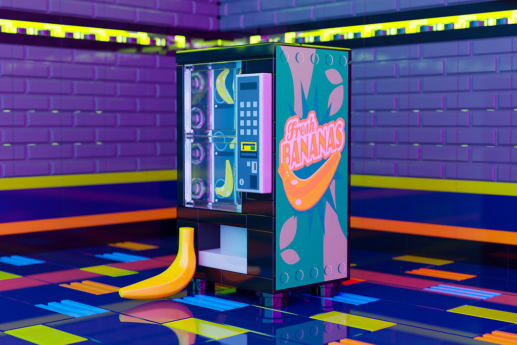 A colorful LEGO vending machine model by B3 Customs featuring fresh bananas, designed as a detailed brick MOC perfect for LEGO displays, titled Fresh Bananas - B3 Customs Fruit Vending Machine made using LEGO parts.