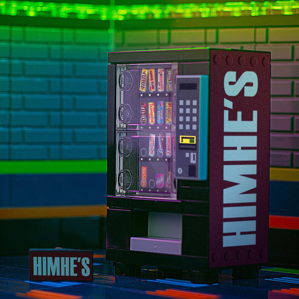 HimHe's - B3 Customs® Candy Vending Machine made using LEGO parts, a detailed LEGO vending machine with custom printed tiles, created by B3 Customs for minifigure-sized displays.
