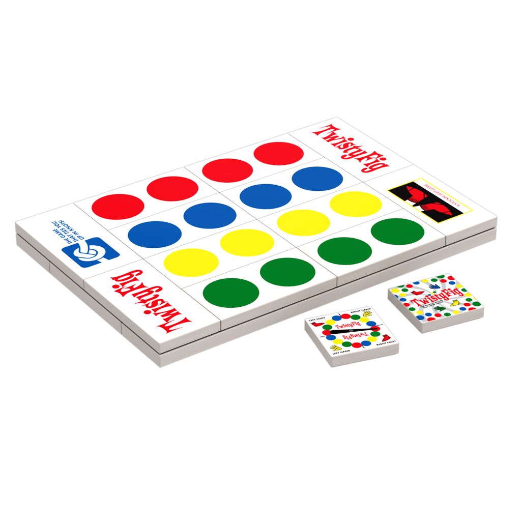 TwistyFig Minifig Board Game Building Set made using LEGO parts by B3 Customs featuring a colorful game board with red, blue, yellow, and green circles alongside two card decks.