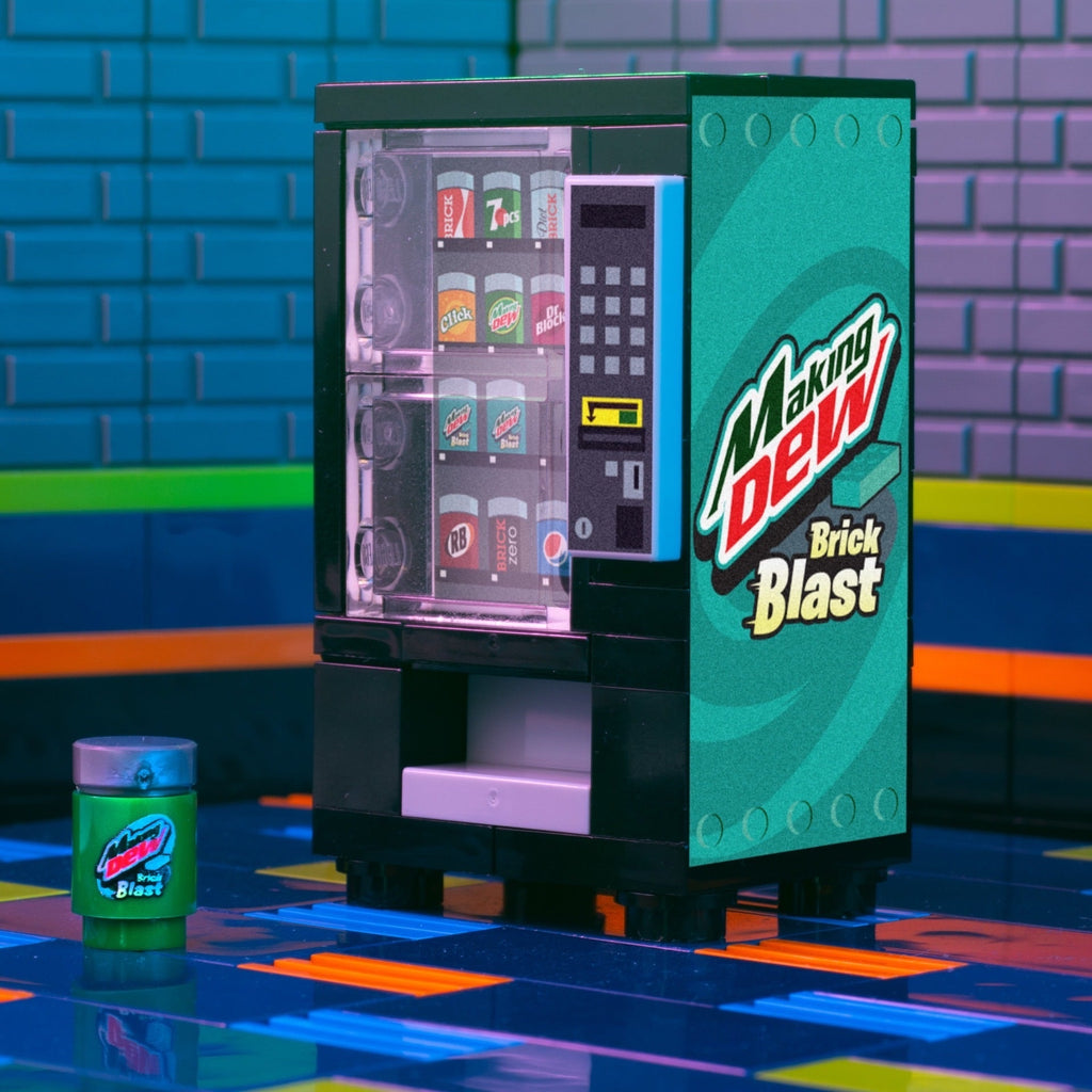 Making Dew (Brick Blast) - B3 Customs Soda Vending made using LEGO parts, featuring a detailed LEGO vending machine with custom printed soda cans and bright, colorful bricks.