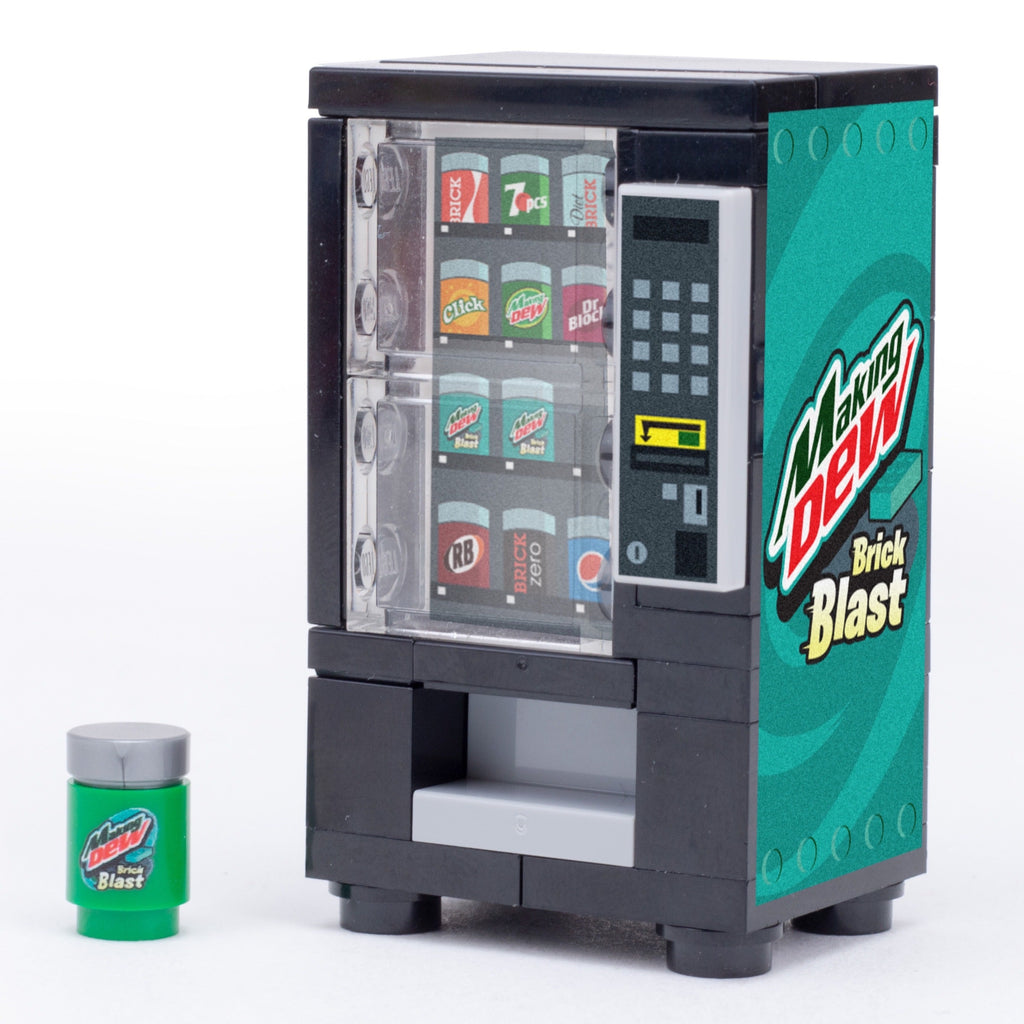 Making Dew (Brick Blast) - B3 Customs Soda Vending made using LEGO parts, featuring a detailed black and green LEGO vending machine with custom printed soda cans and a mini can accessory.