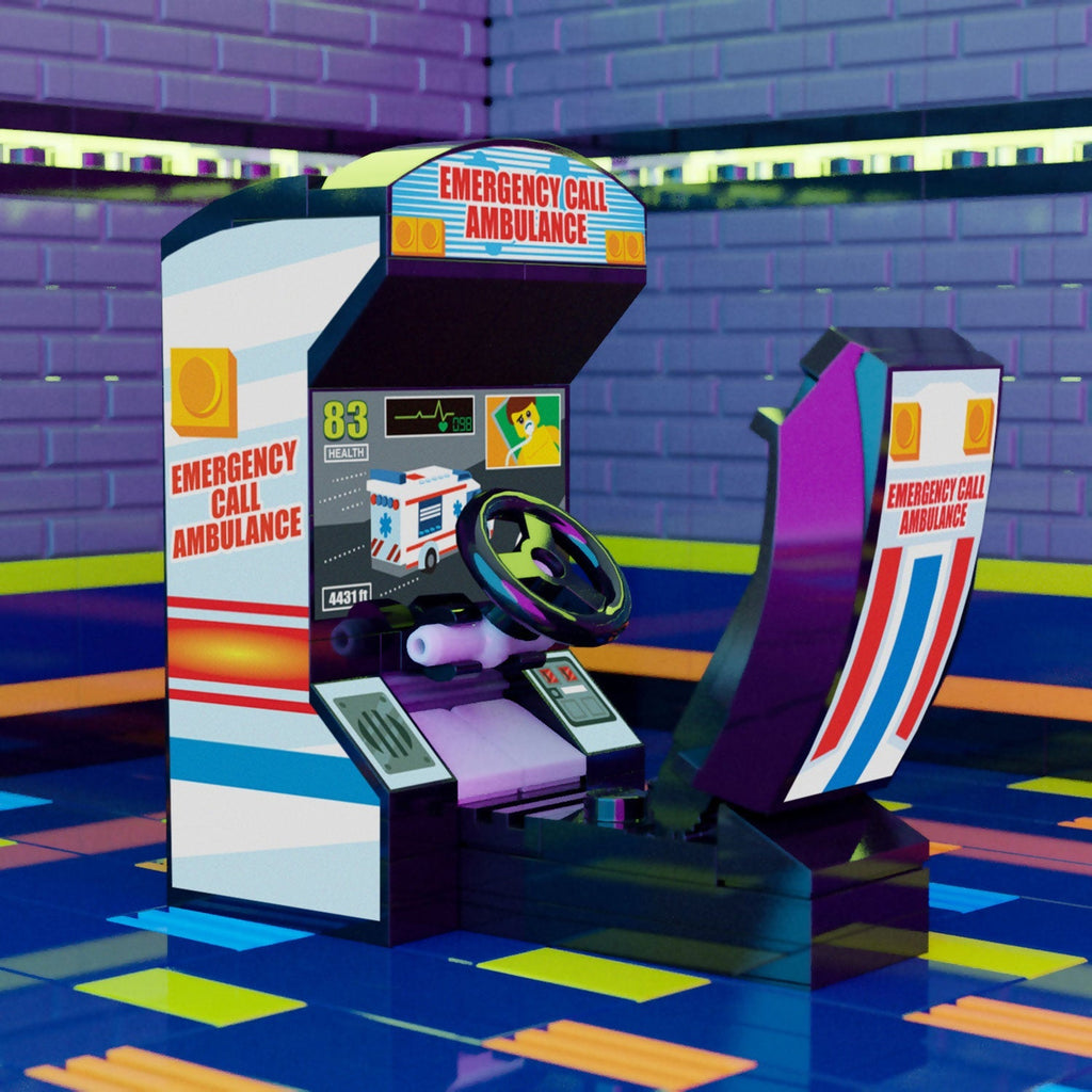 Detailed LEGO build of the Emergency Call Ambulance Arcade Racing Game by B3 Customs, featuring a steering wheel, seat, and vibrant ambulance-themed arcade design.