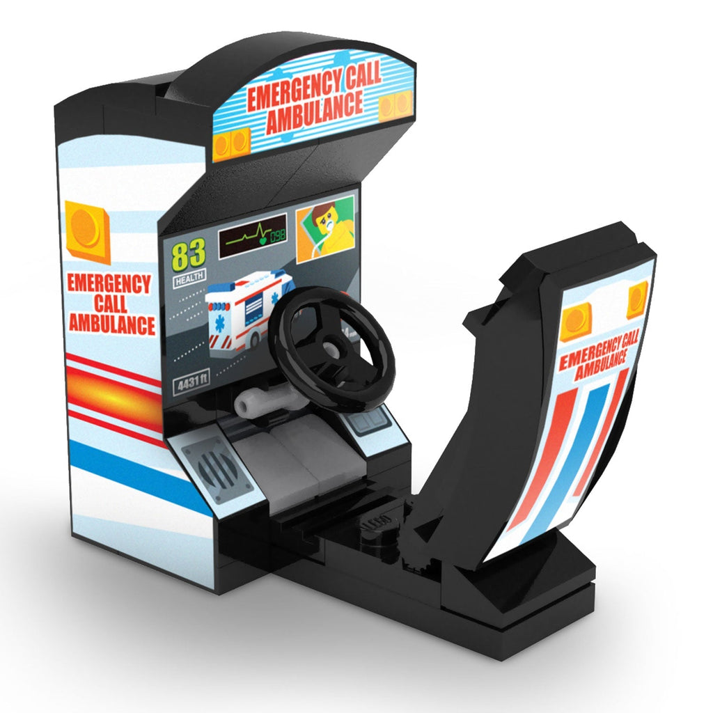 Miniature LEGO arcade cabinet model featuring the Emergency Call Ambulance Arcade Racing Game by B3 Customs, with detailed ambulance-themed graphics and a steering wheel for minifigures.