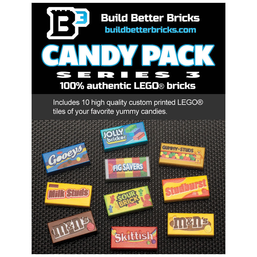 Box packaging for Candy Pack (Series 3) made from LEGO parts - B3 Customs, showcasing 10 custom printed LEGO tiles inspired by popular candy brands, created by B3 Customs.