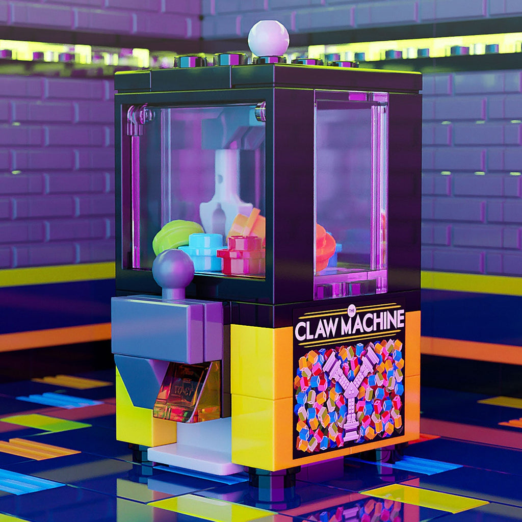 Minifig-Scale Arcade Claw Machine Building Set made from LEGO parts by B3 Customs featuring a detailed black and yellow claw machine with colorful prizes inside, perfect for LEGO minifig displays.