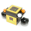 Miniature Centipieces 2-Player Classic Arcade made using LEGO parts by B3 Customs, featuring a compact cocktail style design with custom printed tiles and orange and white control buttons.